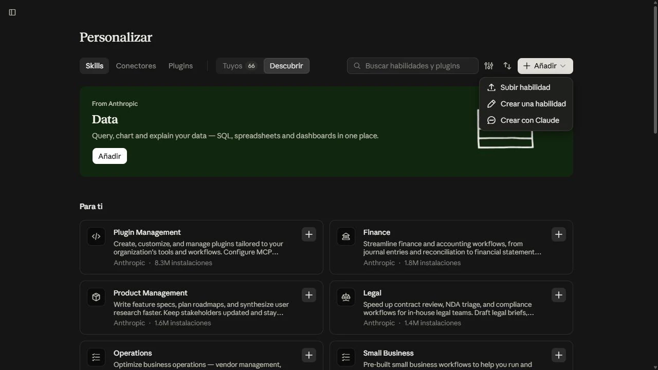 Captura propia de Claude: Personalizar, Skills y menú Añadir habilidad con Subir habilidad.