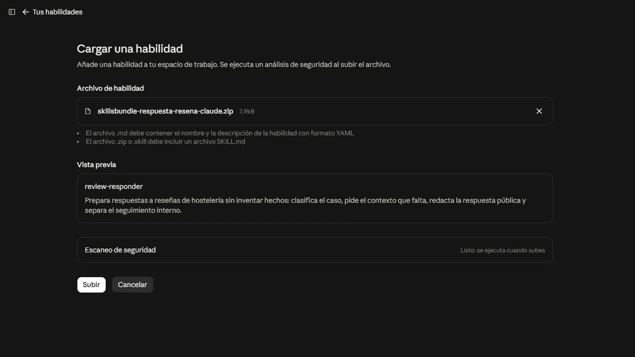 Captura propia de la carga del ZIP de SkillsBundle en Claude, con la vista previa de review-responder.