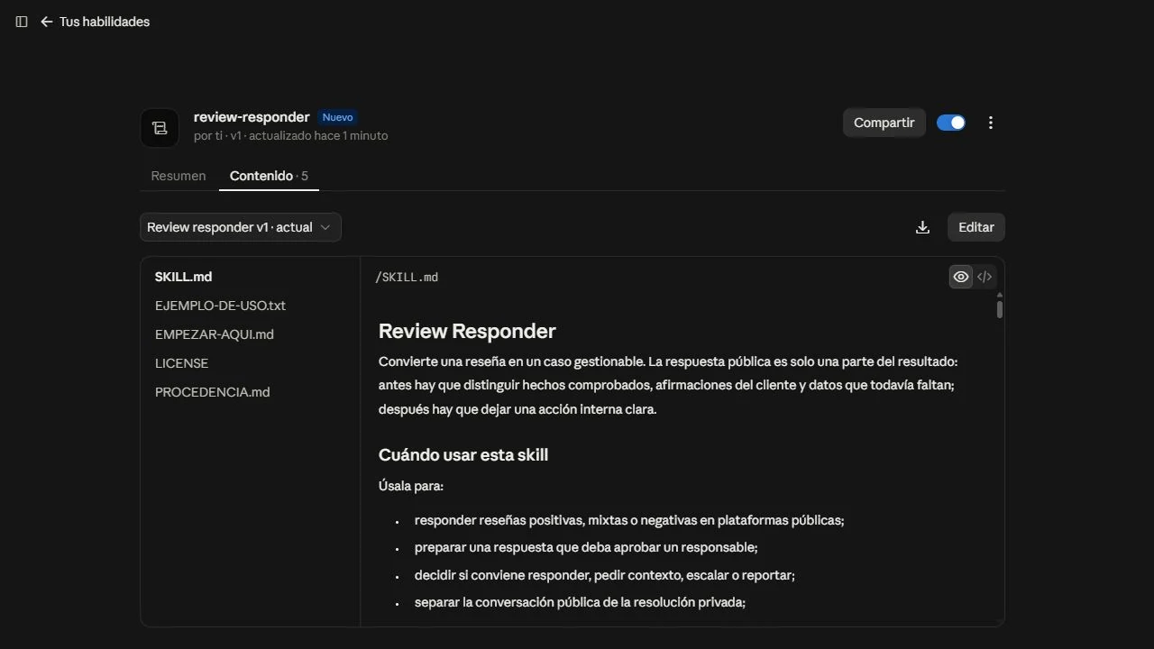 Captura propia de la skill review-responder instalada en Claude