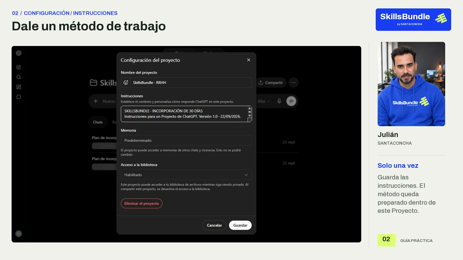 Captura propia de las instrucciones de un Proyecto de ChatGPT